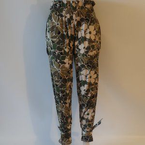 Womens Muze Green, Olive, Beige, Black Floral Elastic Waist Pants M *